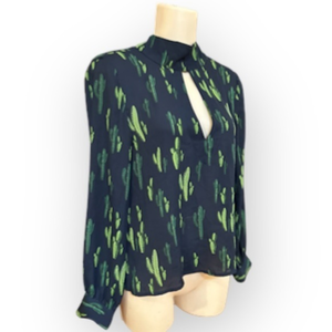 Karlie Cactus Print Double V Neck Navy Blouse sz XS‎